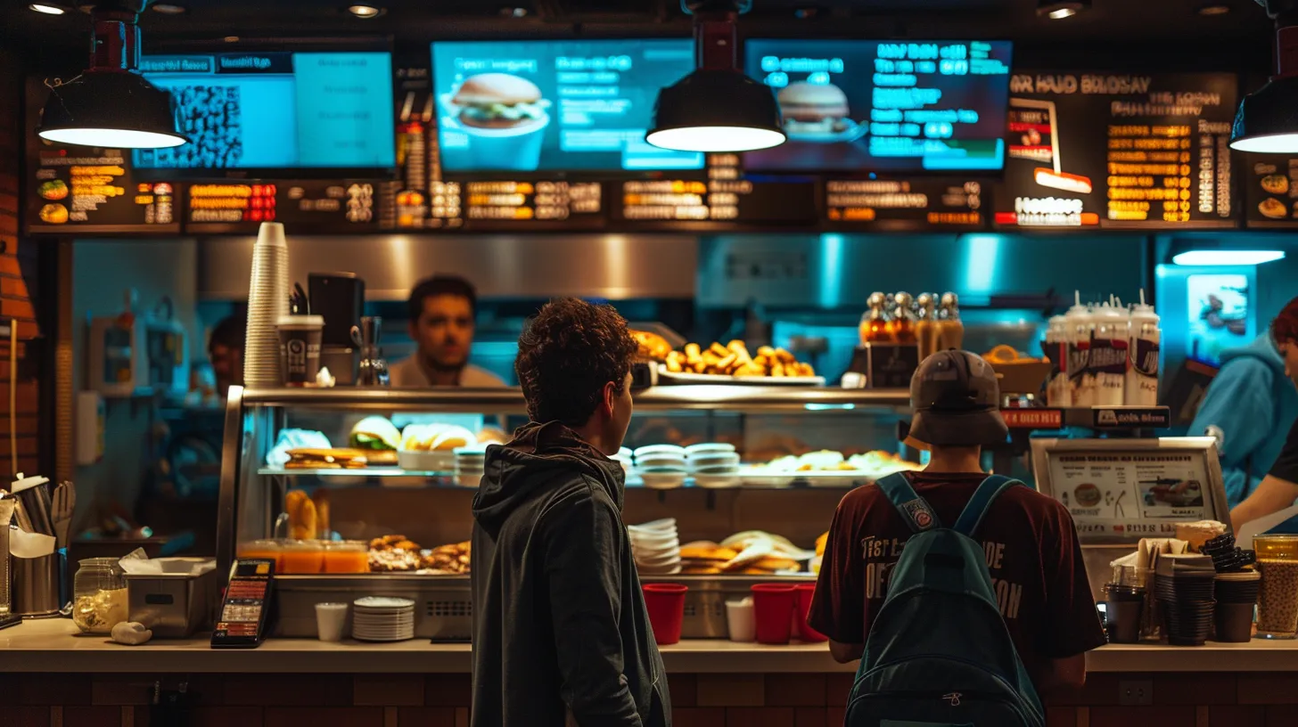 a sleek, modern digital signage screen illuminated in a bustling fast food counter, displaying vibrant, interactive menu options in sharp detail, with cinematic lighting enhancing the environment's contemporary and welcoming atmosphere.