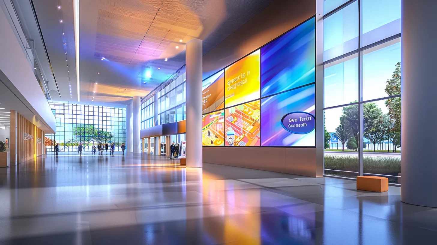 a sleek, modern digital signage screen in a vibrant school lobby, softly glowing with dynamic content about school engagement, surrounded by elegant wall installations that enhance communication and inspire learning, all illuminated by cinematic lighting for a photorealistic effect.