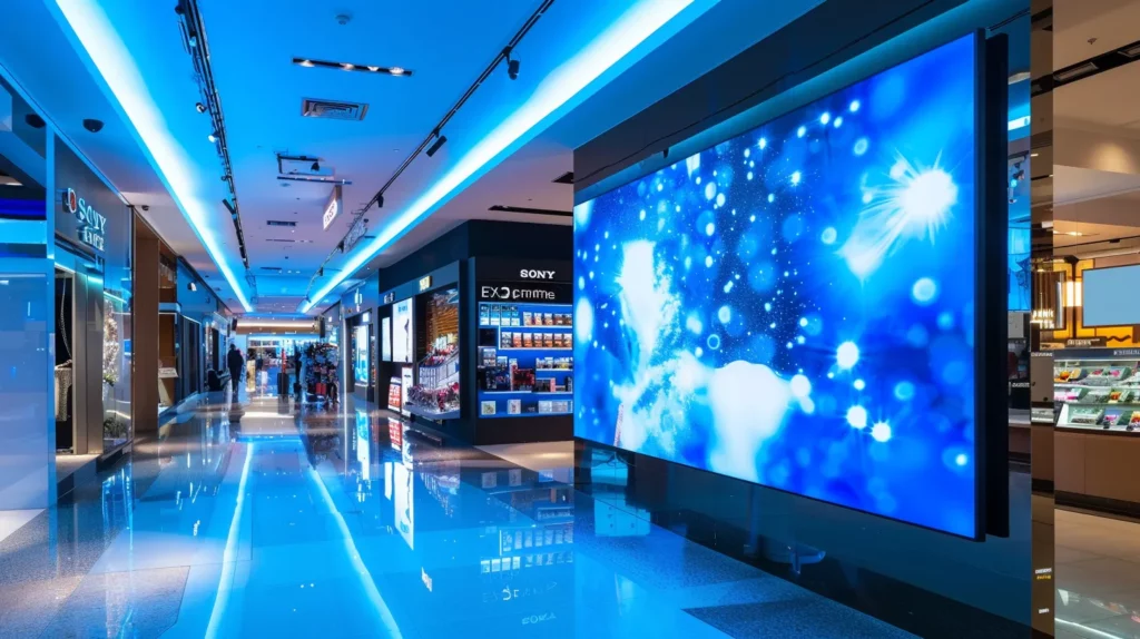 a sleek, modern digital signage screen radiates with dynamic content in a bustling retail store, illuminated by cinematic lighting that highlights its elegance and high-tech interactivity, creating a visually striking focal point in the vibrant environment.
