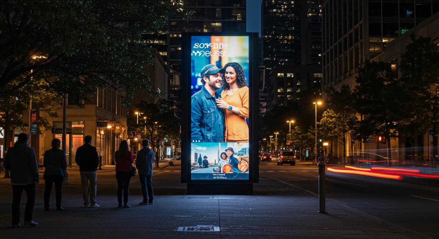 a vibrant urban scene in indianapolis showcasing a sleek, modern digital signage display illuminated at night, featuring dynamic visuals that capture the attention of passersby amidst a bustling city backdrop.