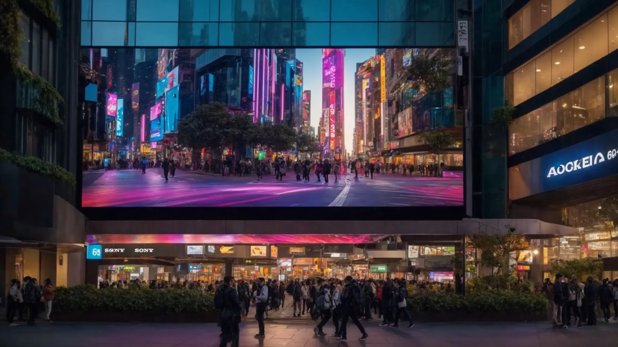 a vibrant, modern led digital display panel illuminates a bustling urban street, drawing in crowds with captivating visuals and dynamic colors that enhance customer engagement and foot traffic.